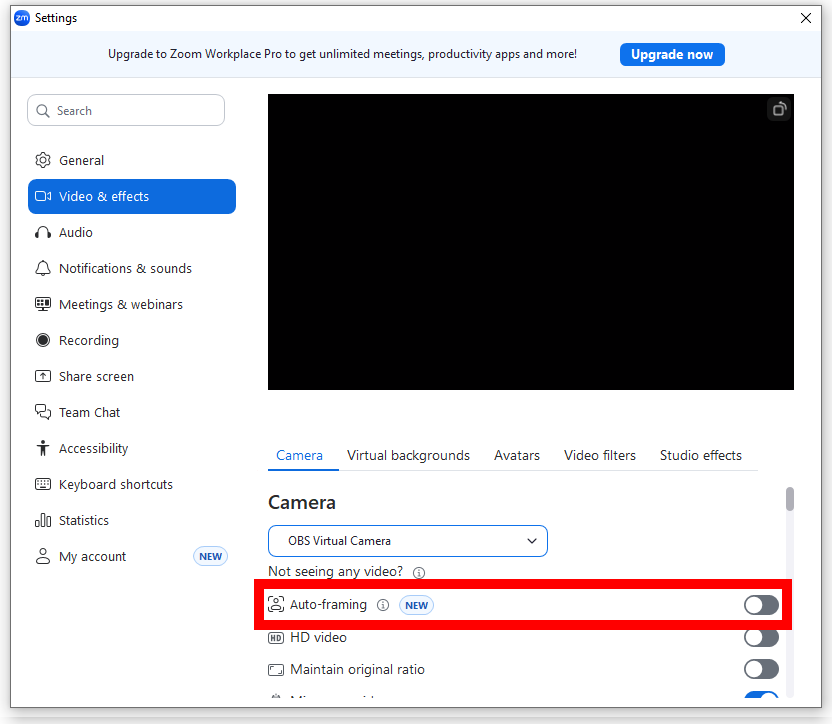 Screenshot of Auto Framing Setting toggle